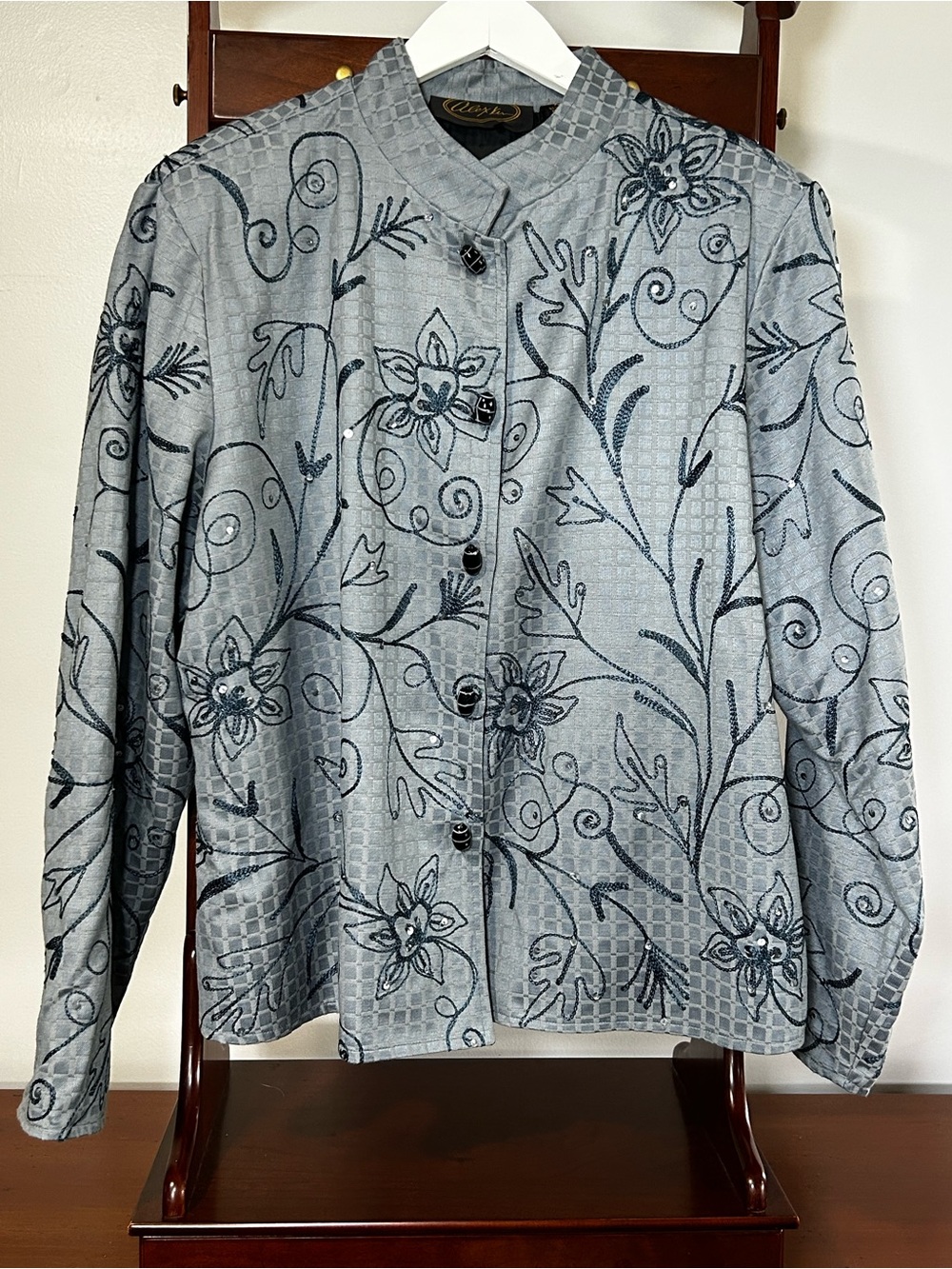 Vintage Y2K Alex Kim Women’s XL Embroidered Floral Blazer Slate Blue Jacket
